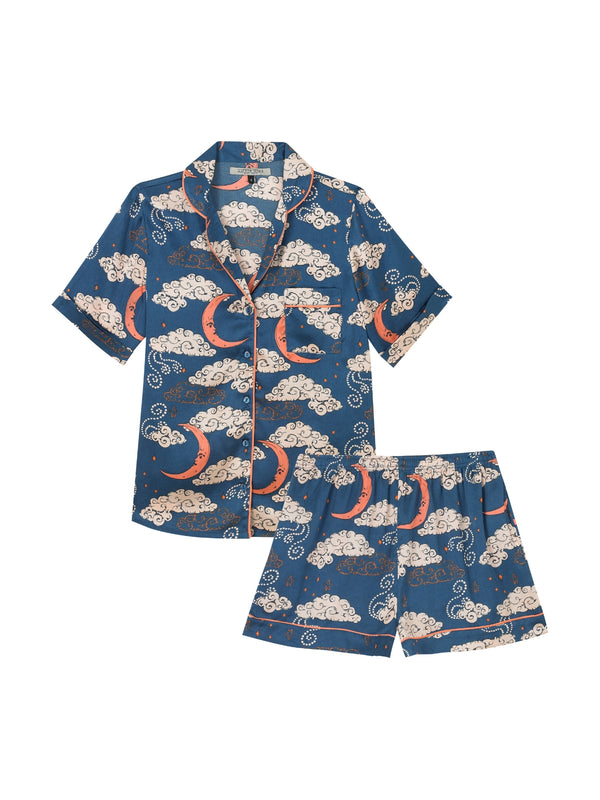 Womens Satin Shortie Pyjamas Navy Moon and Clouds