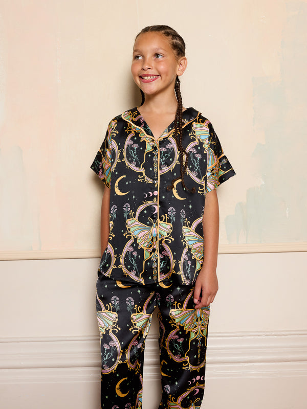 Tween Girl Satin Oversize Pyjamas Black Mystic Moth