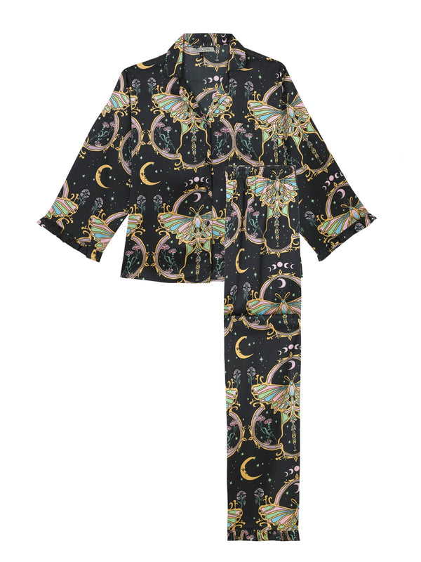 Womens Satin Micro Frill Pyjamas Black Mystic Moth