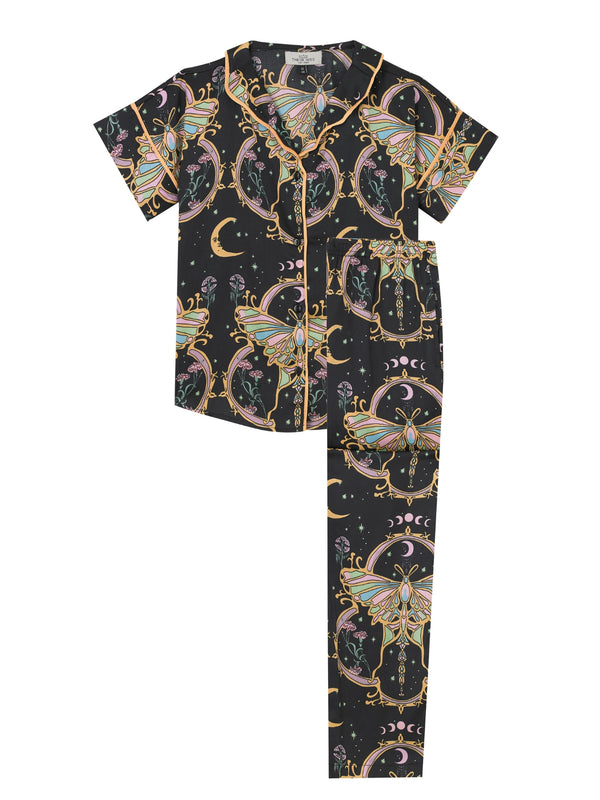 Tween Girl Satin Oversize Pyjamas Black Mystic Moth