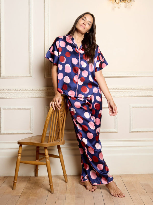 Womens Satin Oversize Pyjamas Navy Confetti Dot