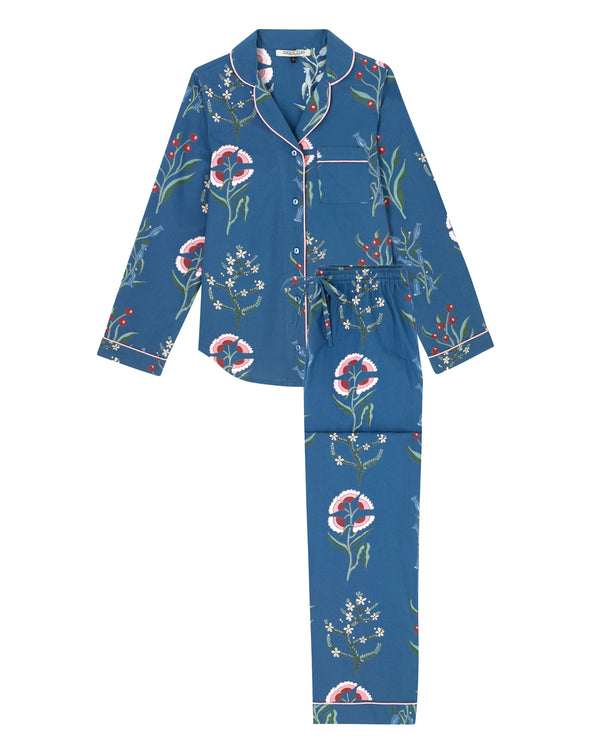 Womens Cotton Traditional Pyjamas Navy Folk Flowers