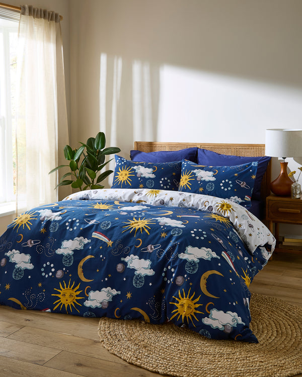 Cotton Reversible Duvet Set Navy Disco Space
