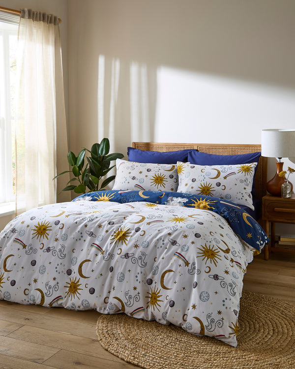Cotton Reversible Duvet Set Navy Disco Space