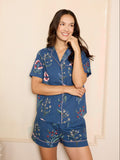 Womens Cotton Shortie Pyjamas Navy Folk Flowers