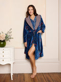 Womens Velvet Hooded Dressing Gown Robe Navy Folk Flowers