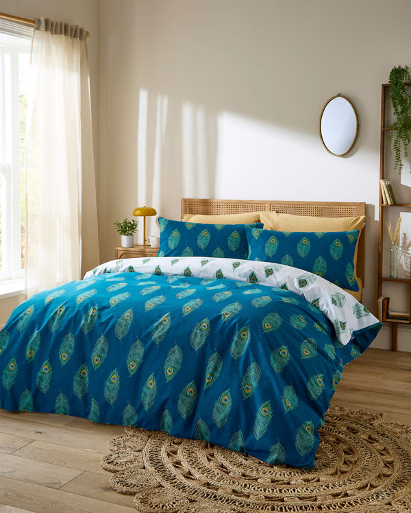 Cotton Reversible Duvet Set Blue Peacock Feather