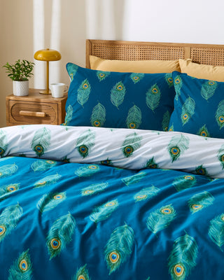 Cotton Reversible Duvet Set Blue Peacock Feather