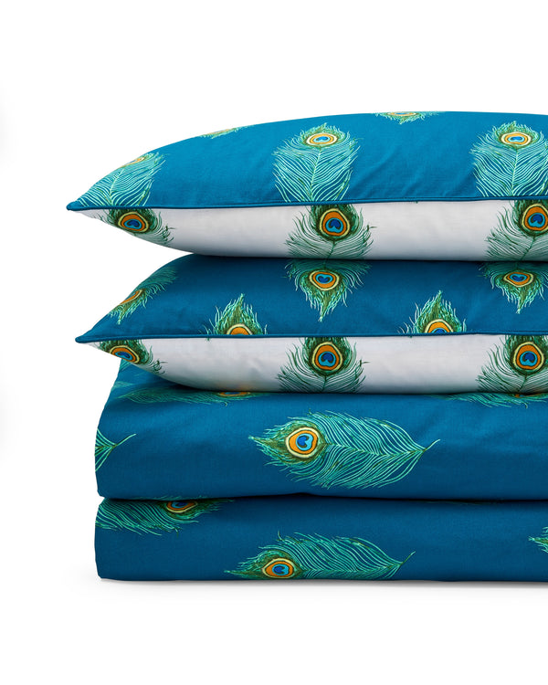 Cotton Reversible Duvet Set Blue Peacock Feather