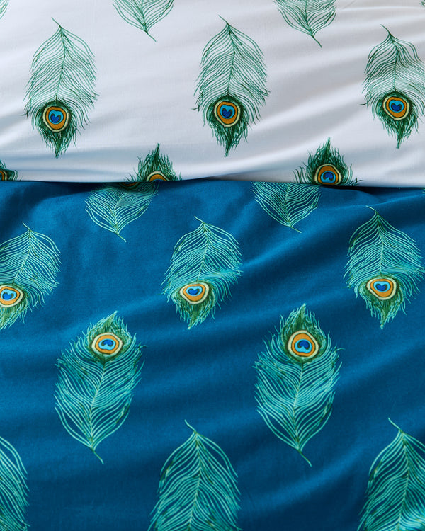 Cotton Reversible Duvet Set Blue Peacock Feather
