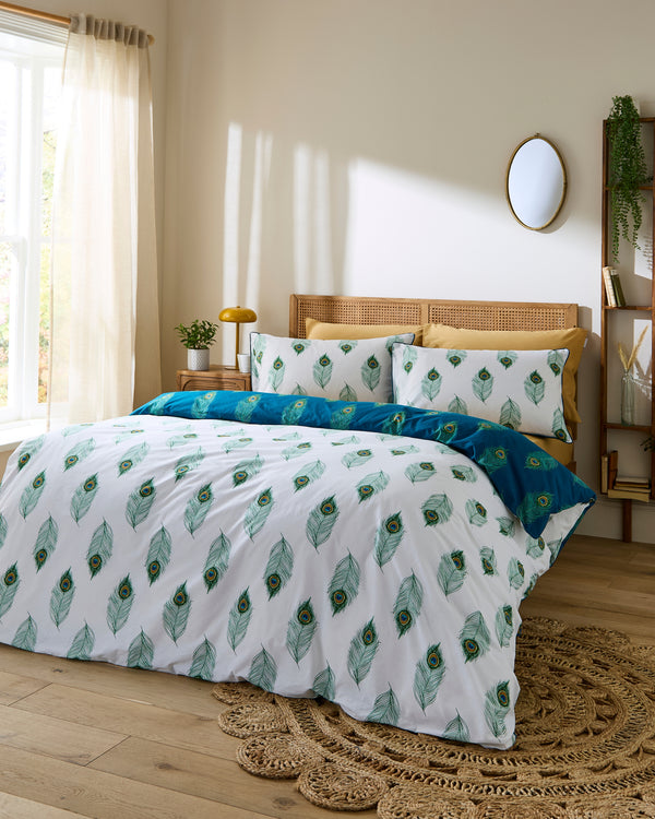 Cotton Reversible Duvet Set Blue Peacock Feather