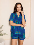 Womens Cotton Shortie Pyjamas Navy Peacock Feather