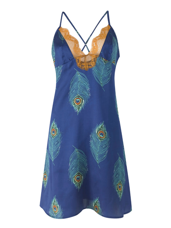 Womens Satin Lace Cami Short Night Dress Navy Peacock