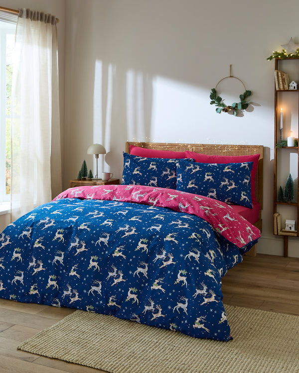 Cotton Reversible Duvet Set Blue Christmas Reindeer