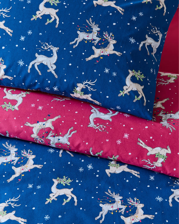 Cotton Reversible Duvet Set Blue Christmas Reindeer