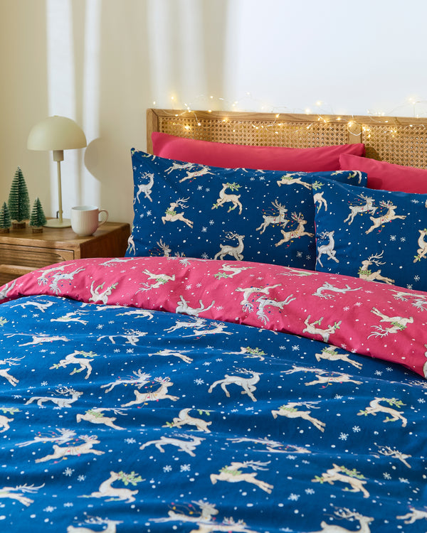 Cotton Reversible Duvet Set Blue Christmas Reindeer