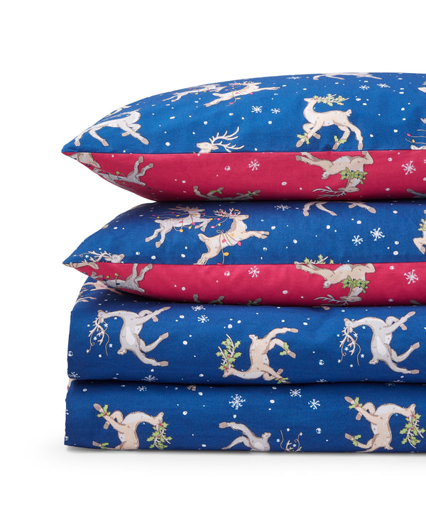 Cotton Reversible Duvet Set Blue Christmas Reindeer