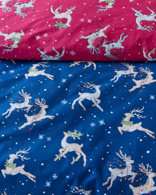 Cotton Reversible Duvet Set Blue Christmas Reindeer