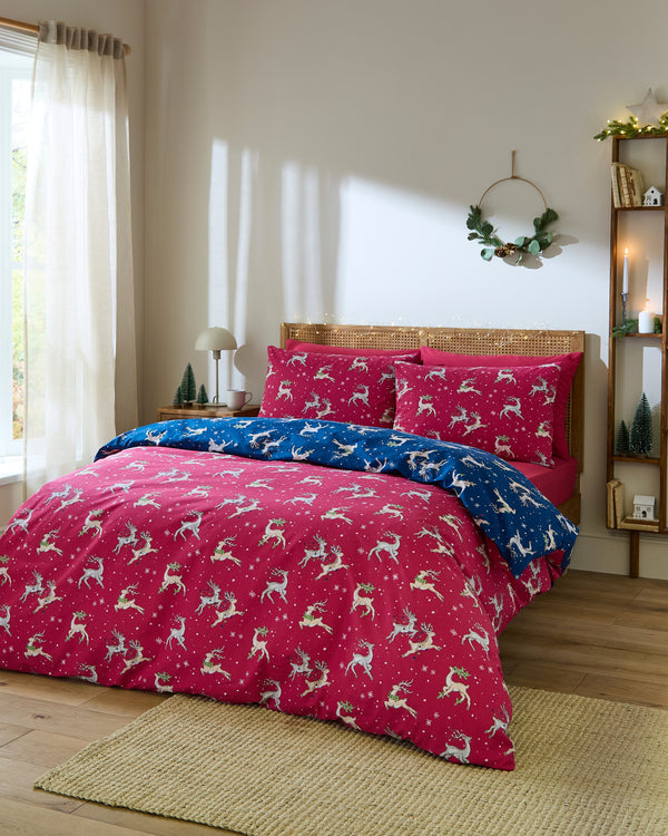 Cotton Reversible Duvet Set Blue Christmas Reindeer