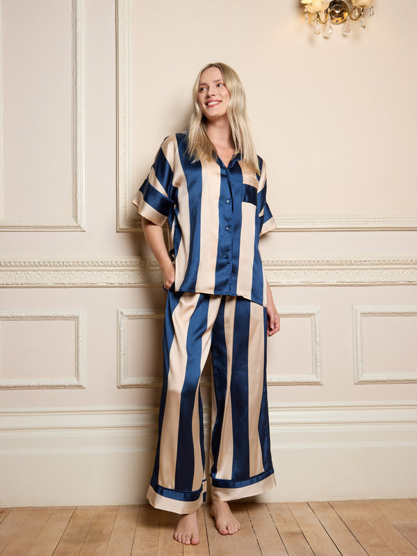 Womens Satin Oversize Pyjamas Navy Stripe