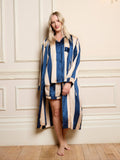 Womens Satin Grandpa Dressing Gown Robe Navy Stripe