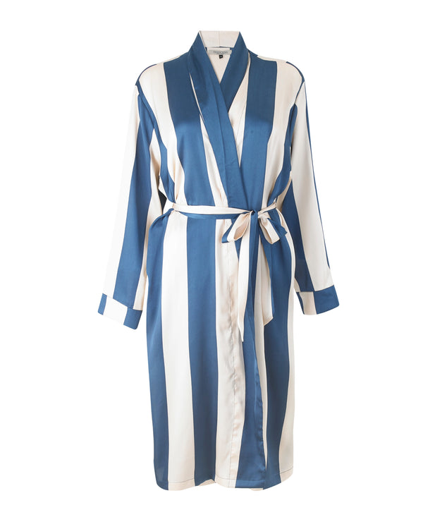 Womens Satin Grandpa Dressing Gown Robe Navy Stripe