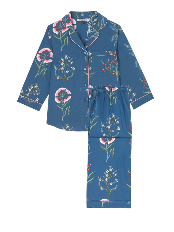 Womens Cotton Cropped Sleeve Capri Pyjamas Navy Folk Flowers