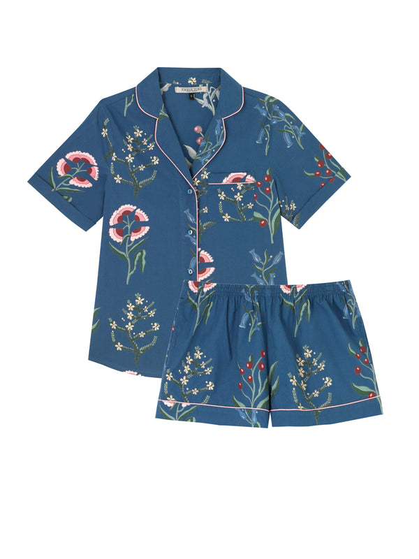Womens Cotton Shortie Pyjamas Navy Folk Flowers