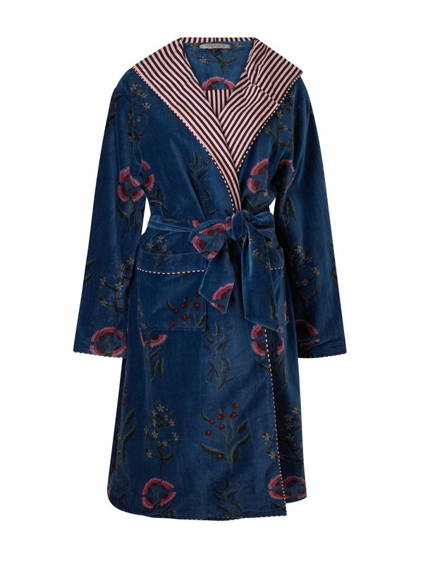 Womens Velvet Hooded Dressing Gown Robe Navy Folk Flowers