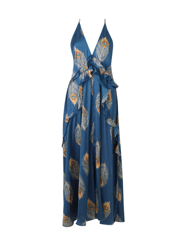 Womens Satin Waterfall Midi Night Dress Navy Gold Peacock