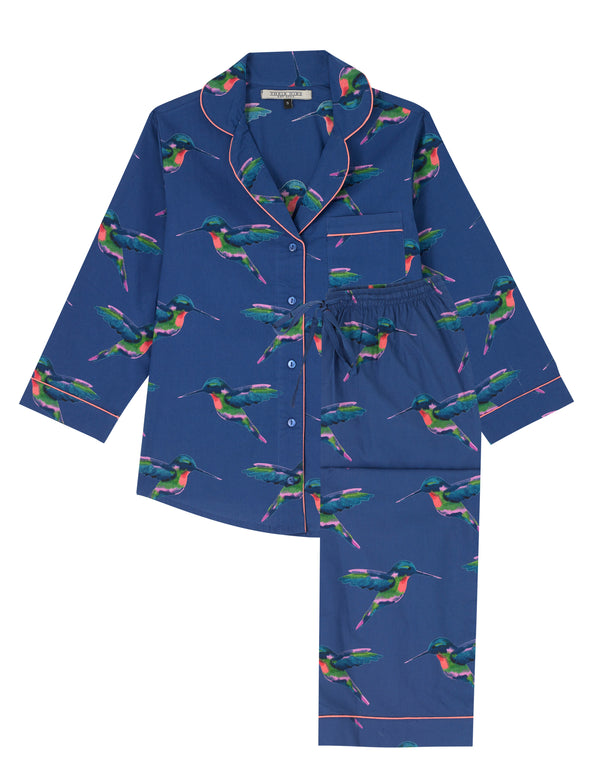 Womens Cotton Cropped Sleeve Capri Pyjamas Navy Hummingbird