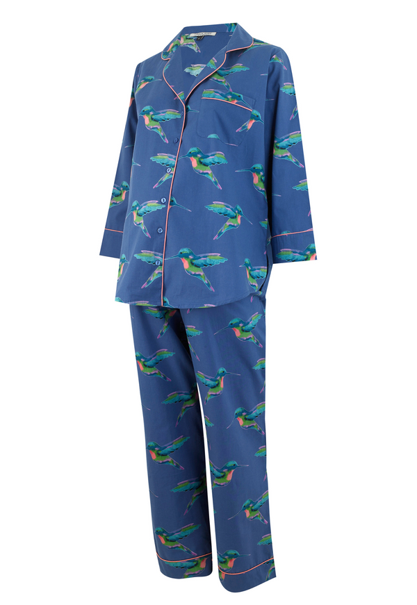 Womens Under-Bump Maternity Cotton Pyjamas Navy Hummingbird