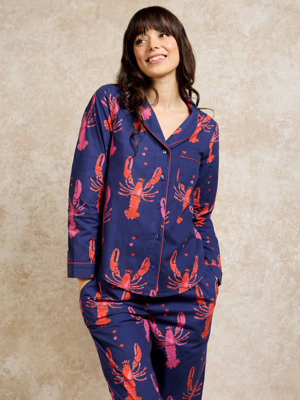 Womens Cotton Traditional Pyjamas Navy Lobsters