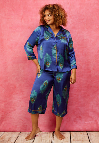 Womens Satin Cropped Sleeve Capri Pyjamas Navy Blue Peacock Feather