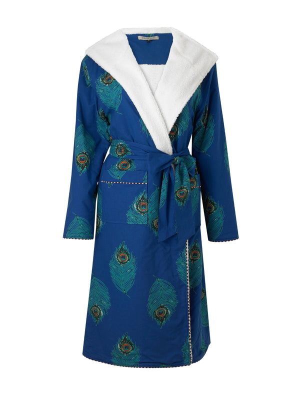 Womens Cosy Dressing Gown Robe Navy Peacock