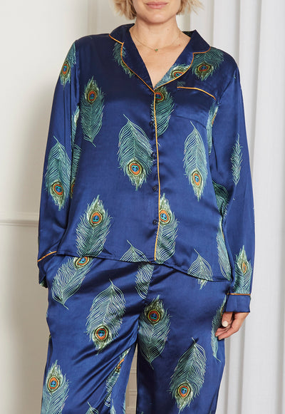 Womens Stand Alone Satin Traditional Pyjama Top, Navy Peacock Feather