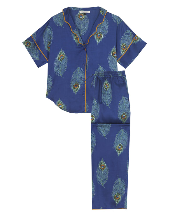 Womens Satin Oversize Pyjamas Navy Peacock Feather