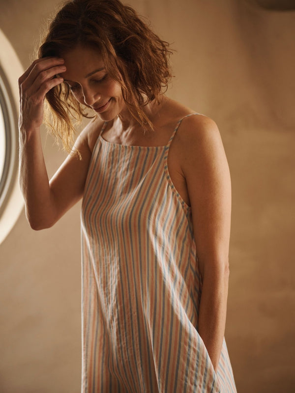 Model wears baby pinstripe apron night dress