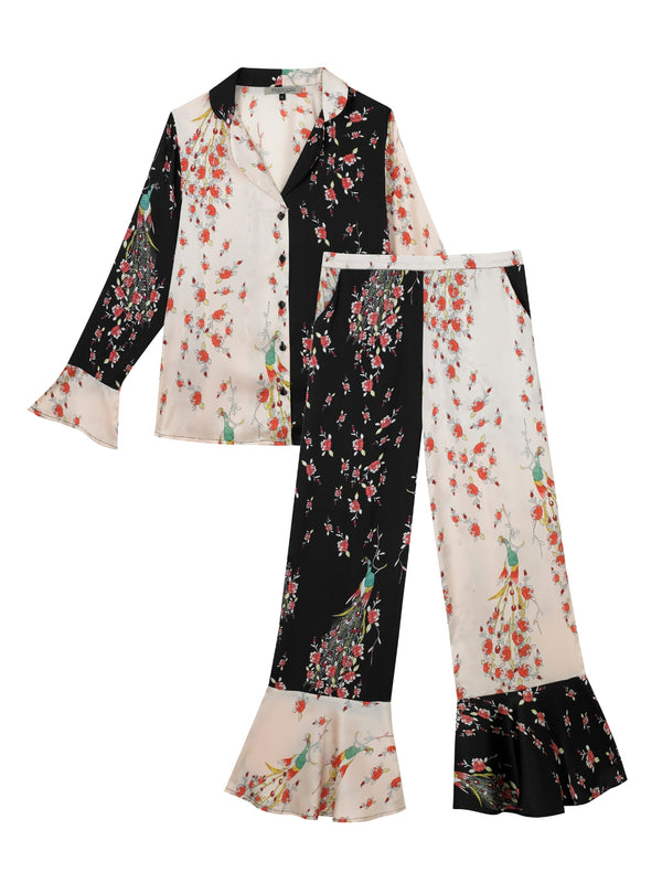 Womens Satin Bold Cuff Pyjamas Pink Contrast Peacock and Roses
