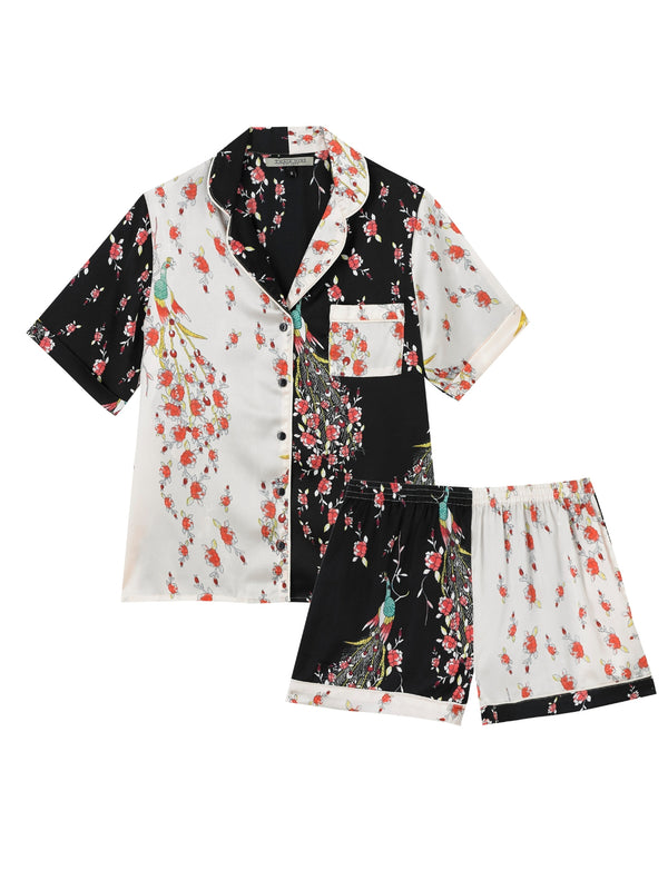 Womens Satin Shortie Pyjamas Pink Contrast Peacock and Roses