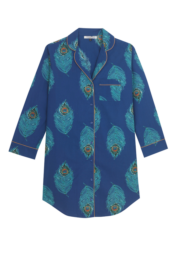 Womens Cotton Nightshirt Navy Peacock Feather