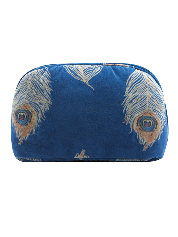 Velvet Half Moon Cosmetic Bag Navy Gold Peacock Feather