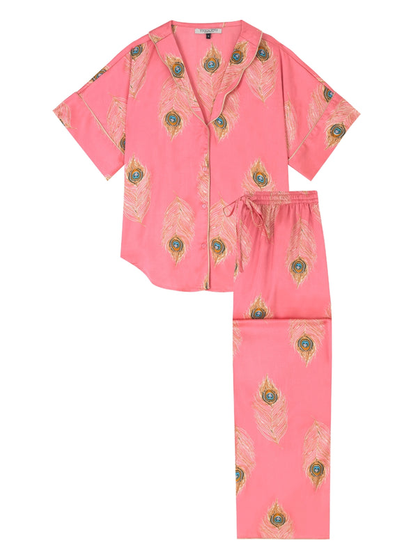 Womens Satin Oversize Pyjamas Pink Gold Peacock Feather – THEIR NIBS