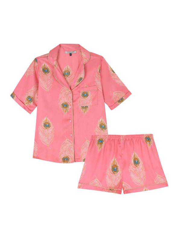 Womens Satin Shortie Pyjamas Pink Gold Peacock Feather
