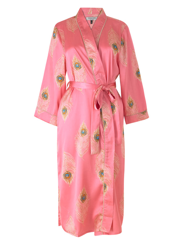 Womens Satin Kimono Robe Pink Gold Peacock Feather