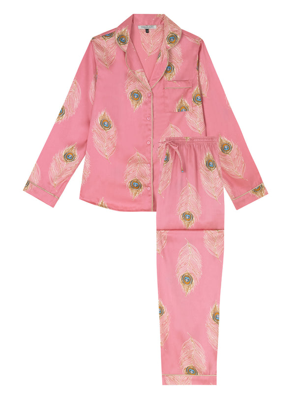 Womens Satin Traditional Pyjama Pink Gold Peacock Feather