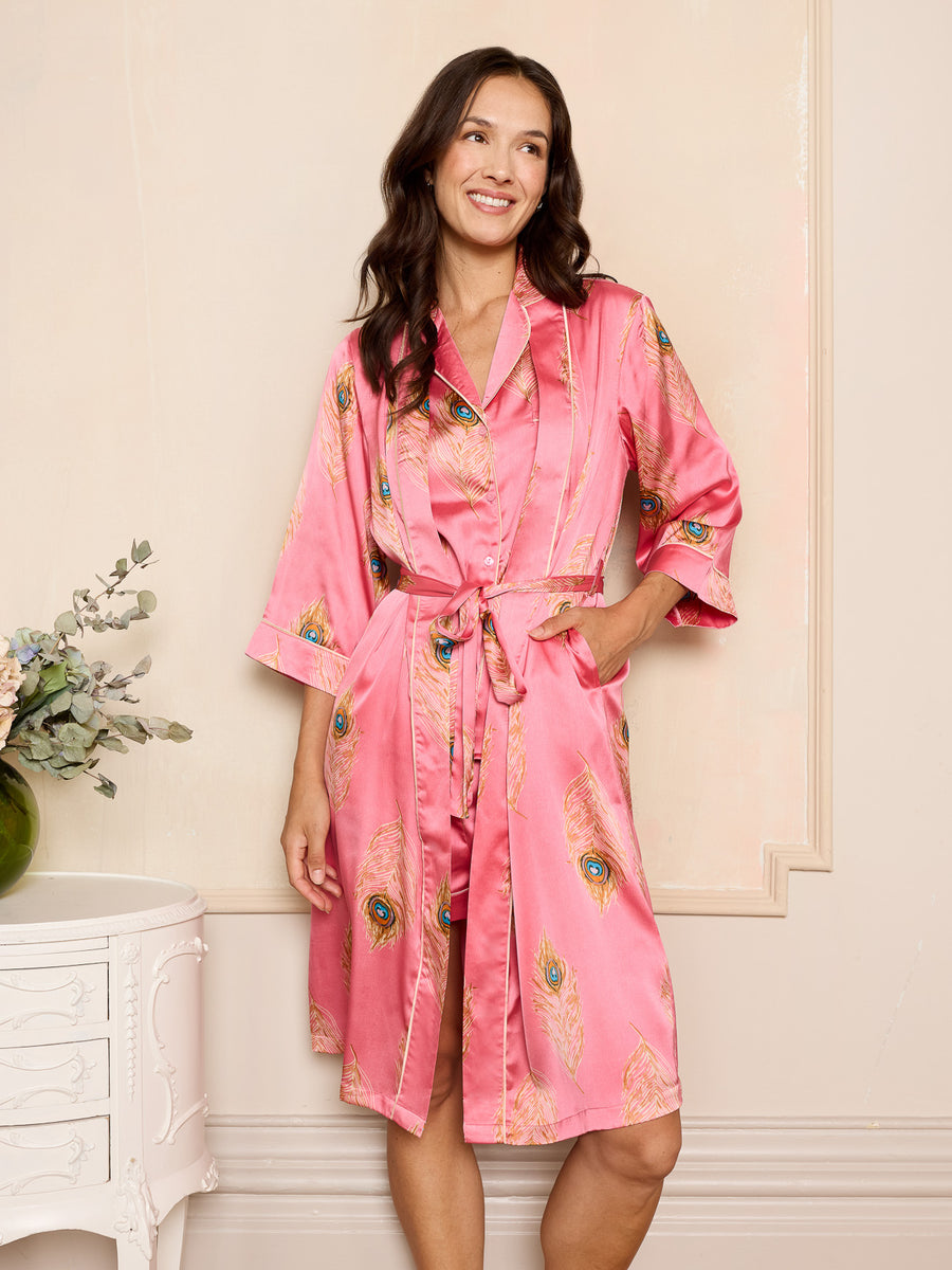 Womens Satin Kimono Robe Pink Gold Peacock Feather – THEIR NIBS