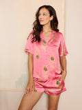 Womens Satin Shortie Pyjamas Pink Gold Peacock Feather