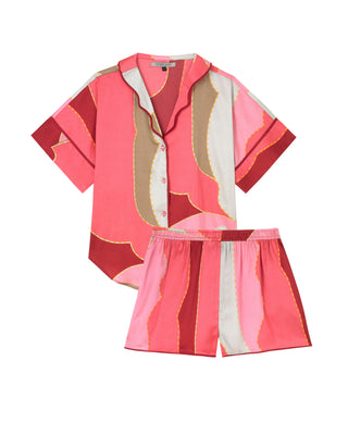 Womens Satin Oversize Shortie Pyjamas Pink Art Deco