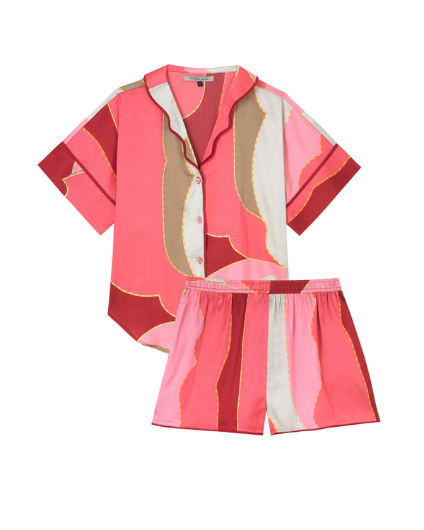 Womens Satin Oversize Shortie Pyjamas Pink Art Deco